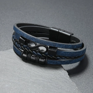 Men's multi-layer leather bracelet with infinity symbol and magnetic clasp on stone