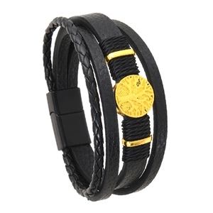 Multi-layer black leather bracelet with golden Tree of Life charm and magnetic clasp