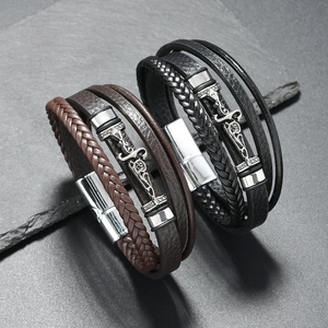 Retro Multilayer Woven PU Leather Bracelet For Men Alloy Metal Magnetic Clasp Braided Bangle Punk Rock Wristband Vintage Jewelry