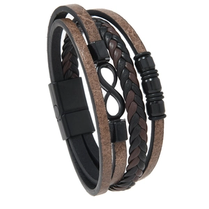 Men's multilayer braided leather infinity bracelet with black metal magnetic clasp
