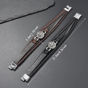 Detail view of woven leather bracelet showing 2.6cm width and 21cm length dimensions