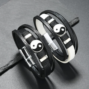 Vintage Yin Yang Tai Chi PU Leather Woven Bracelet With Alloy Magnetic Clasp Ethnic Jewelry For Men Women Trendy Accessory