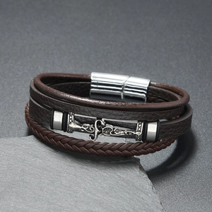 Retro multi-layer brown leather bracelet for men with silver alloy charm and magnetic clasp