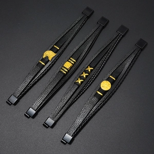 Men's multilayer black leather bracelet set with gold tree of life and eagle charms