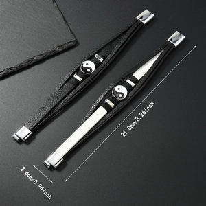 Braided leather Tai Chi Yin Yang bracelets for couples with polished silver metal buckles