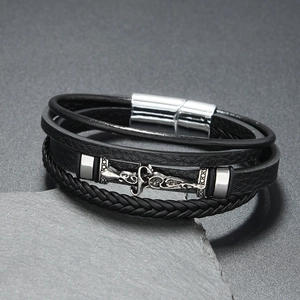 Men's vintage multilayer braided leather bracelet with retro alloy accents and magnetic clasp