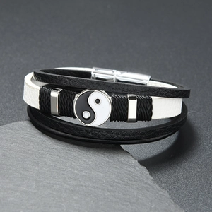 Handwoven leather multi-layer bracelet with Yin Yang Tai Chi charm and magnetic clasp