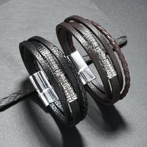 Men Multi Layer PU Leather Bracelet Alloy Viking Valknut Symbol Retro Punk Style Magnetic Buckle Handcrafted Jewelry Accessory
