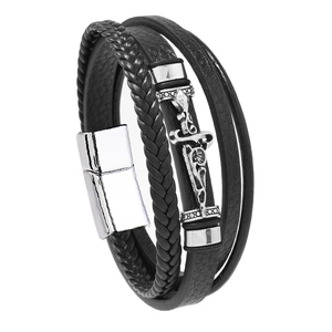 Men's multilayer black braided leather bracelet with vintage silver cross and magnetic clasp