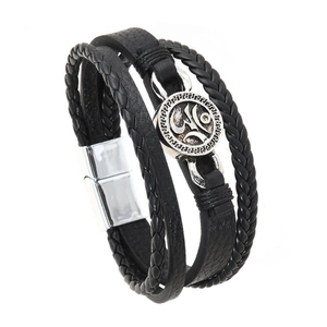 Men's multi-layer black leather bracelet with silver vintage Om symbol and magnetic clasp