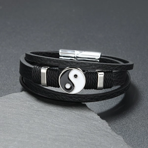 Three-layer leather Yin Yang bracelet with black woven cords and magnetic silver clasp