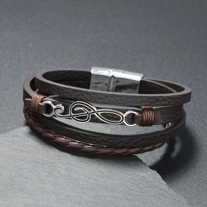 Men's multilayer brown leather bracelet with silver treble clef and magnetic clasp