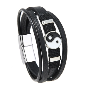 Multilayer black leather bracelet with Yin Yang charm and silver magnetic buckle