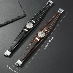 Detail view of multi-layer braided leather bracelet showing exact size dimensions and magnetic clasp