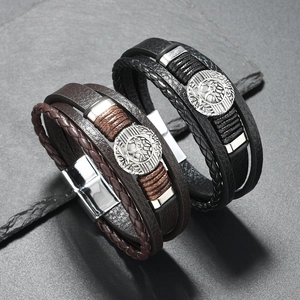 Retro Viking Life Tree Men Multi Layer Braided PU Leather Bracelet With Alloy Magnetic Clasp Nordic Wristband Jewelry