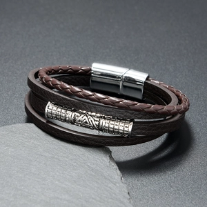 Men's Viking multi-layer leather bracelet with silver Valknut symbol and magnetic clasp