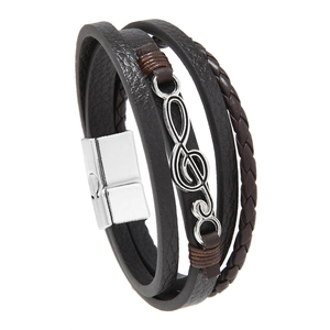 Men's multilayer leather bracelet with musical note charm and magnetic clasp