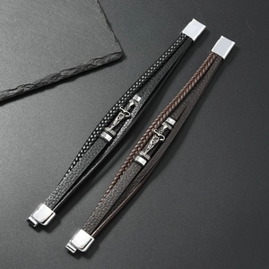 Men's multi-layer woven leather bracelet with vintage bicycle charm and magnetic clasp