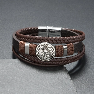 Vintage men's multi-layer braided leather bracelet with silver nautical anchor charm