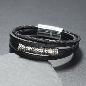 Nordic Viking leather bracelet for men with silver magnetic clasp and woven layers