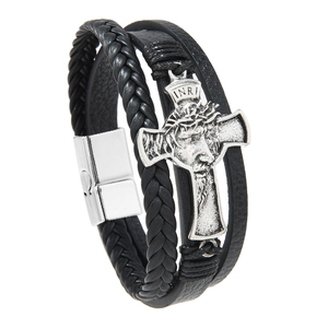 Bracelet multicouche en cuir pour homme avec pendentif croix argentée et fermoir magnétique