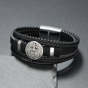 Vintage Viking trident multi-layer woven leather bracelet with polished magnetic clasp