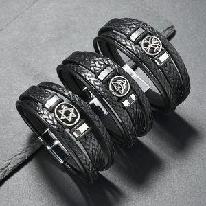 Bracelet Vintage pour Hommes en Cuir PU Tressé Multicouche Boucle Magnétique en Alliage Bijoux à Main Rétro Punk Accessoires Quotidiens