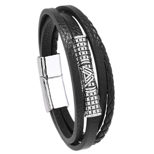 Nordic Viking Valknut leather bracelet for men with multi-layer braid and magnetic clasp