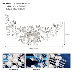 Detailed view showing dimensions and materials of bridal pearl and rhinestone hair comb