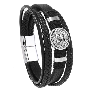 Men's vintage Viking trident leather bracelet with multilayer braided ropes and anchor charm