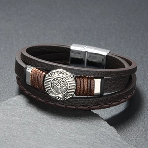 Vintage multi-layer braided leather bracelet with Tree of Life tree charm and magnetic clasp
