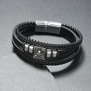 Punk multilayer braided leather bracelet with skull spade ace magnetic clasp for men