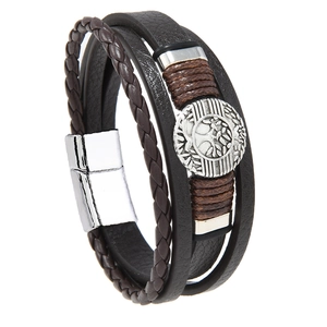 Vintage multi-layer braided leather bracelet with Tree of Life metal charm and magnetic clasp