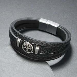 Bracelet rétro multicouche en cuir tressé avec l'Arbre de Vie et fermoir magnétique