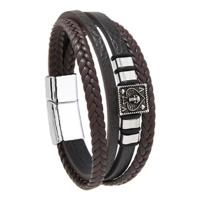 Punk multi-layer braided leather skull bracelet with magnetic clasp for men