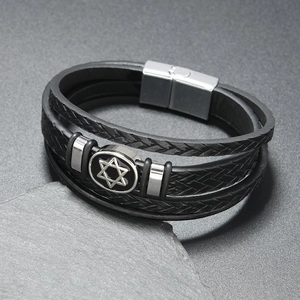 Bracelet rétro multicouche en cuir tressé pour homme avec pendentif étoile hexagramme