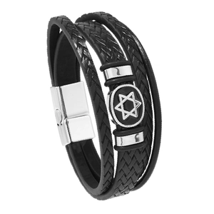 Bracelet multicouche vintage en cuir tressé noir pour homme avec breloque hexagramme