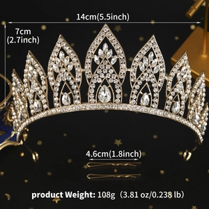 Detailed view showing dimensions and weight of this gold alloy bridal crown with rhinestones