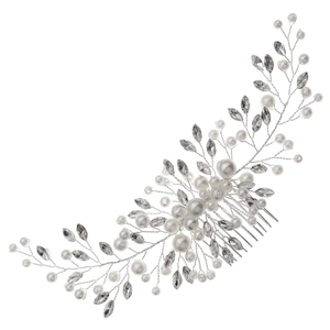 Elegant bridal hair comb with white pearls and sparkling rhinestones on silver wire