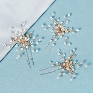 3 Pièces Pics à Cheveux de Mariage Or pour Femmes Alliage Perles de Rocaille Fleur Feuille Épingles à Cheveux en Forme de U