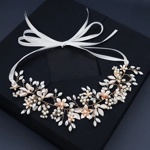 Exquisite handmade bridal headband with pink petals, white pearls and crystal details