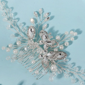 Elegant bridal hair comb with crystal butterfly designs and pearls on silver wire