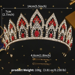 Baroque gold crown with red teardrop rhinestones showing dimensions of 14cm width and 7cm height