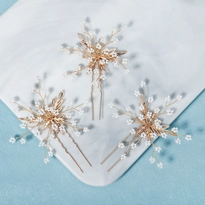 Set de 3 épingles à cheveux dorées en forme de U avec perles blanches pour mariée