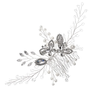 Handmade bridal hair comb with crystal butterflies, pearls and silver wire styling