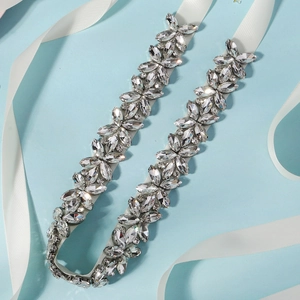 Elegant bridal belt with marquise cut crystals on white satin ribbon for wedding dresses