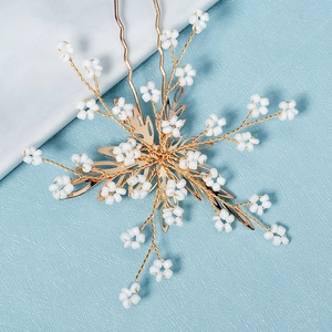 Épingle à cheveux de mariée vintage dorée avec perles blanches et motif de fleurs
