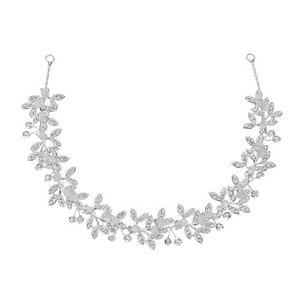Détails de la vigne de cheveux de mariée en argent avec perles de cristal et feuilles