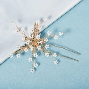Épingle à cheveux de mariée vintage dorée avec perles blanches et détails de feuilles