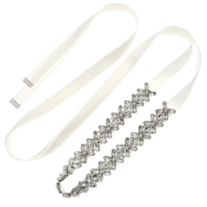 Luxury bridal wedding sash with marquise crystal flower rhinestones on white satin ribbon